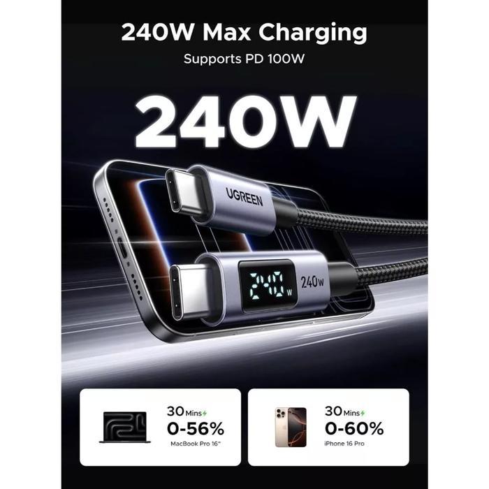 UGREEN Kabel Charger Data PD Type C to Type C Digital Display Fast Charging 240W 5A Nylon Braided