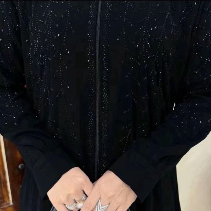 Gamis Abaya Hitam Mix Motte Mewah Bahan Jetblack Wolfis Terbaru Dress Wanita Muslim Arab Simple