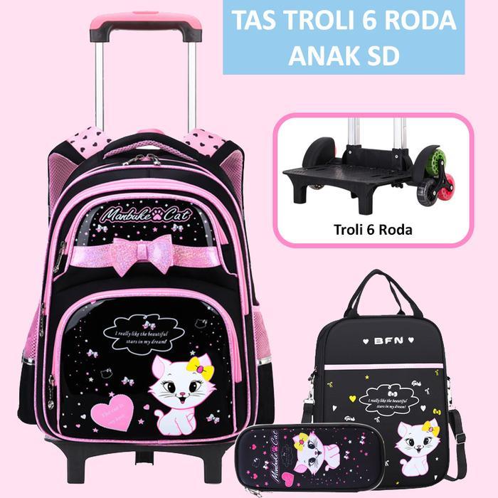 DISKON Tas Troli Roda Anak Perempuan SD Bisa Lepas Pasang Cat Black Pink Dapat Slingbag & Kotak