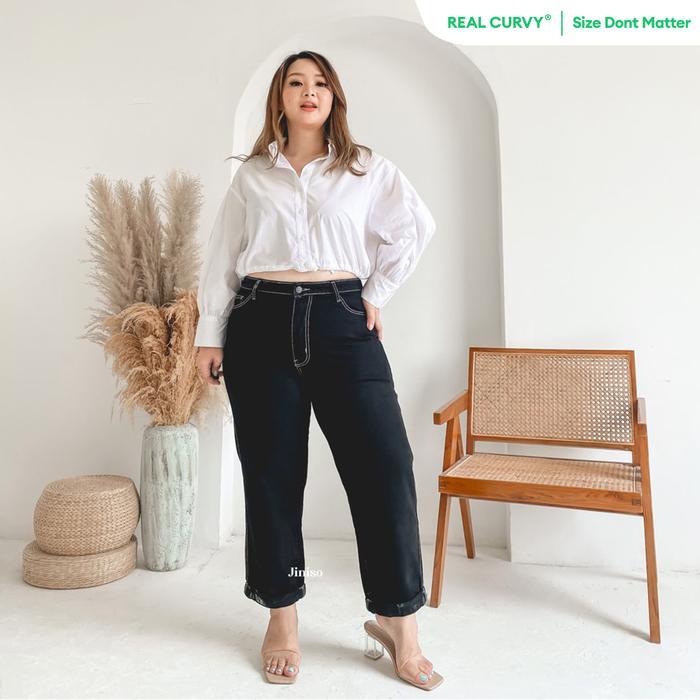 JINISO REAL CURVY - 1327 Jumbo Boyfriend Highwaist Celana Jeans Wanita Black White