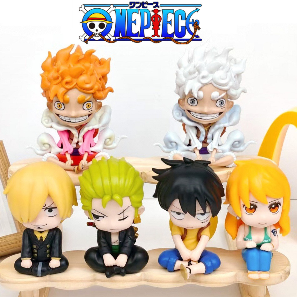 Q Version One Piece Nika Luffy Roronoa Zoro Nami Sanji Mini Figure Anime Kawaii Sitting Toys Desktop
