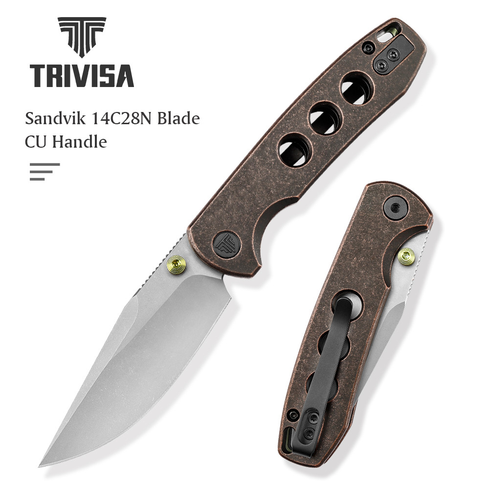 TRIVISA Pocket Folding Knife with Clip for Men 14C28N Blade Micarta Copper Handle Hunting Camping
