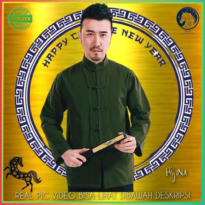 Pakaian Baju Tradisional Cina Kemeja Cheongsam Imlek Pria Hijau Botol