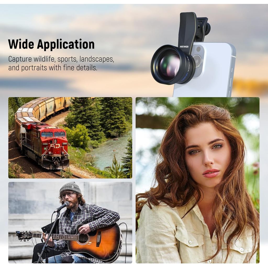 NEEWER 58mm/18mm Telephoto Lens with 17mm Threaded Phone Camera Lens Clip, 2X Magnification For