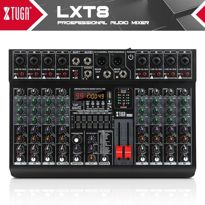XTUGA Professional 8 Channel Audio Mixer with 99 DSP Effects,7-band EQ,48V Phantom Power,USB Interfa