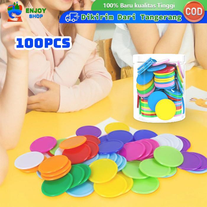 ISI 100 KOIN PLASTIK ALAT HITUNG KOIN BENTUK MAINAN MATEMATIKA CHIP POKER WARNA KOIN COUNTING