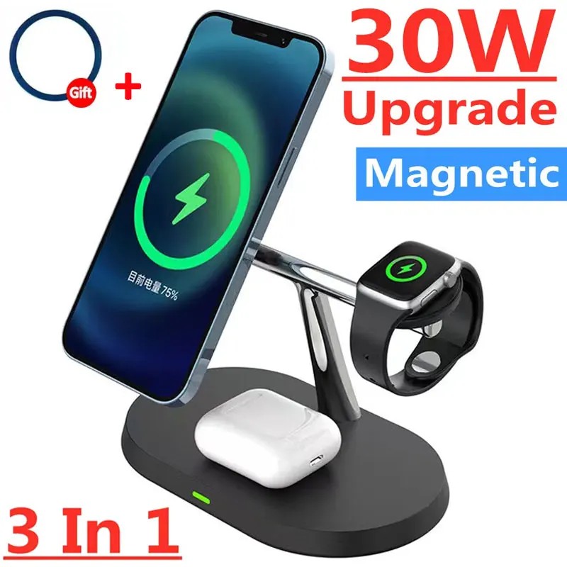 3 in 1 30W Magnetic Wireless Charger Stand For iPhone 15 14 13 12 Pro Max Airpods Apple Watch 8 7