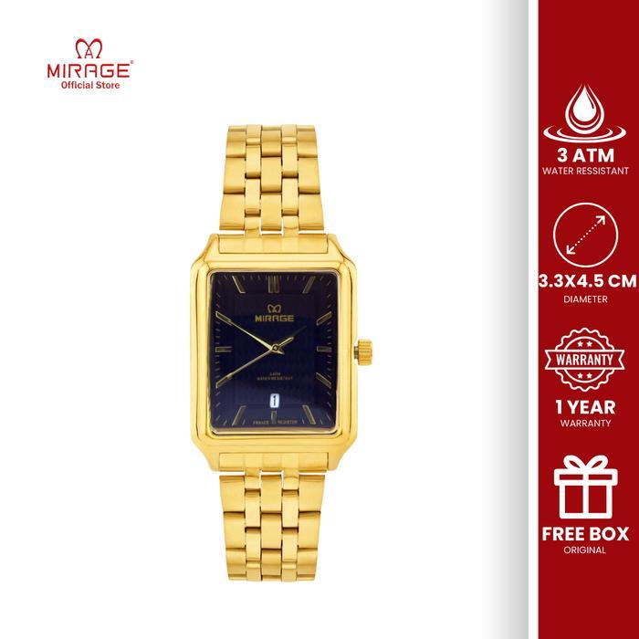 PROMO BESAR Mirage Watch - Jam Tangan Analog Pria Mewah Formal Emas Gold Segi Stainless Anti Air