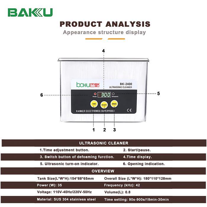 Baku BK-2400 0.8 liter Stainless Steel Ultrasonic Cleaner Digital