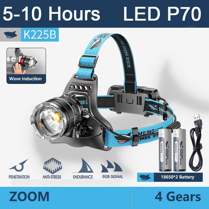 Senter Kepala Smiling Shark K225 P70 Cahaya Putih/Kuning Headlamp