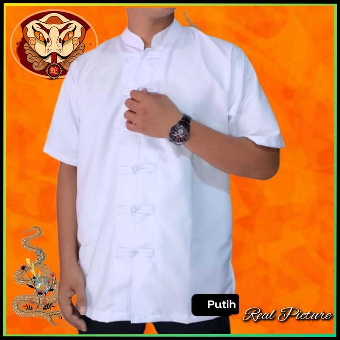 Baju Cheongsam Pria Modern Kemeja Lengan Pendek Imlek Putih