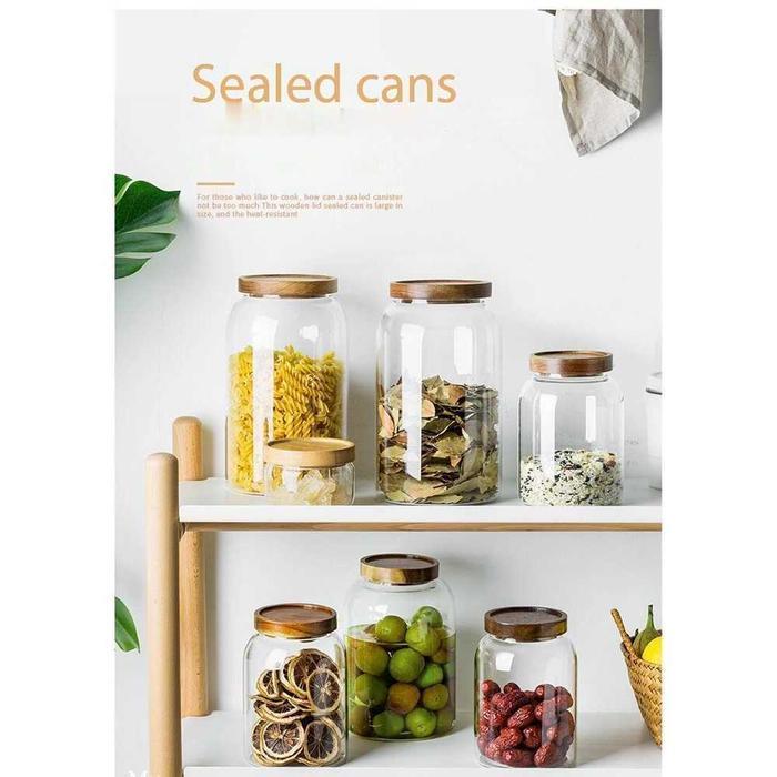 ONE TWO CUPS TOPLES KACA JAR PENYIMPANAN MAKANAN KUE BIJI KOPI TUTUP KAYU KEDAP UDARA UKURAN BESAR -