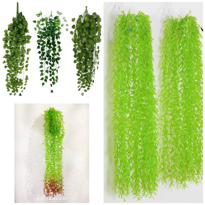 Tanaman Daun Hias Palsu 5 Cabang Daun Rambat Plastik Bunga Gantung Dekorasi Dinding Ruangan Cafe