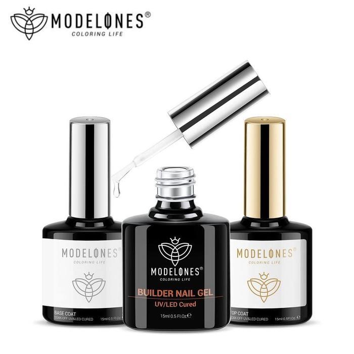 Modelones 3 Pcs 15ml Gel Top Coat Base Coat Builder Gel Set untuk Penebalan Kuku Ekstensi Kuku