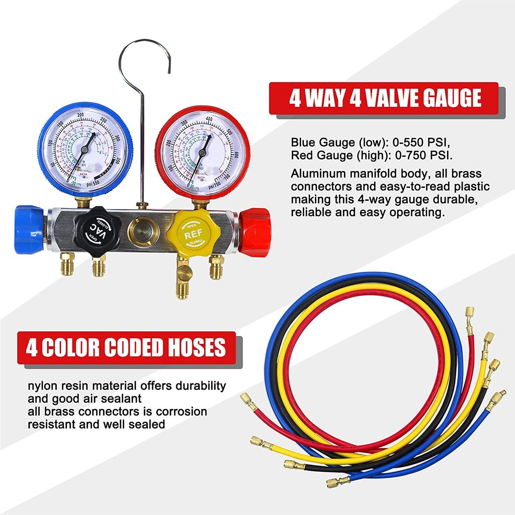 . 2023 4 Way Ac Manifold Gauge Set R410A R22 R134A Diagnostic Charging -