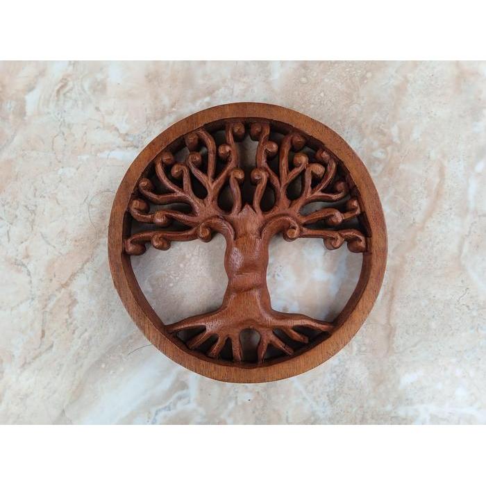 Ukiran Kayu Motif Kamboja Tree Of Life Pohon Bambu Diameter 15cm Handmade Dari Bali