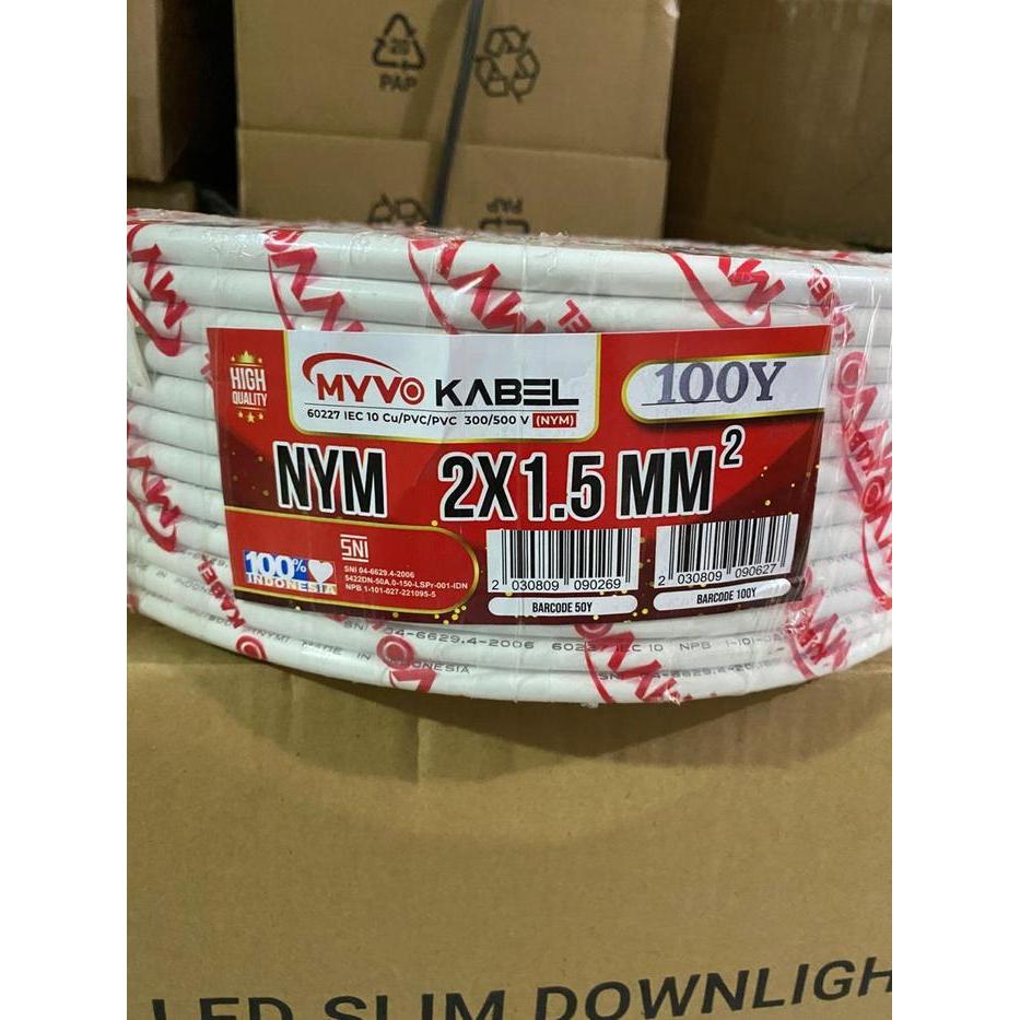 MYVO KABEL NYM 2 X 1.5 MM TEMBAGA SERABUT STANDAR SNI PANJANG 50 YARD KUALITAS TUNGGAL ISI 2