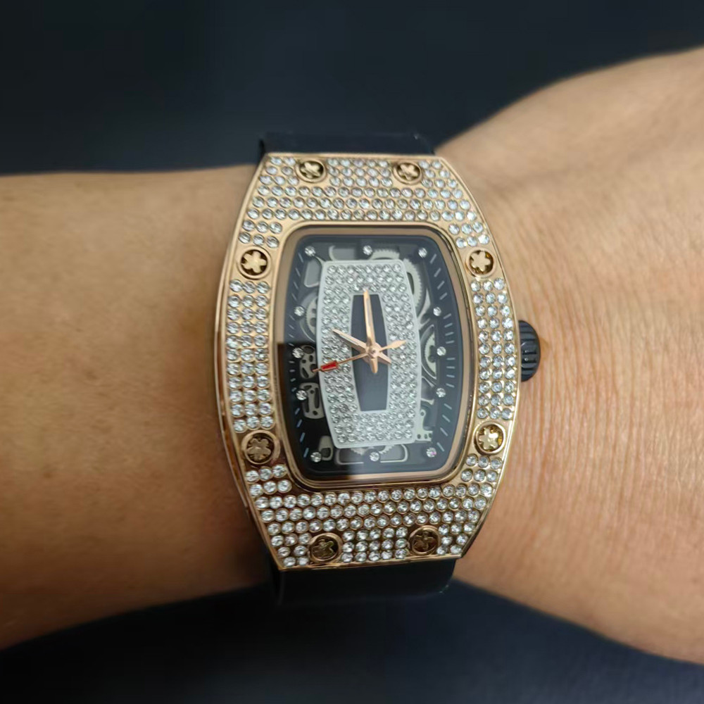 New Luxury Watch For Women Elegant Tonneau Original Design Watch Fashion Ice Out Sport Rubber Strap