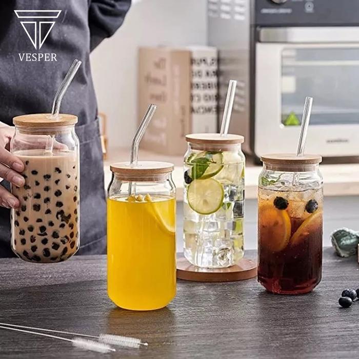 gelas kaca model kaleng cola tutup bambu / glass cup bamboo lid 500ml