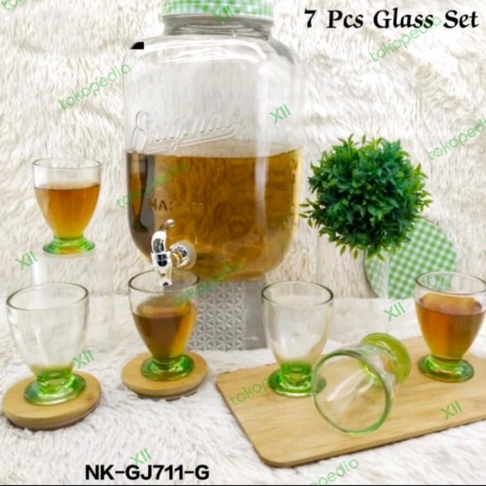 NAKAMI NK~GJ711DG Glass Decanter Beverage Dispenser 11 Liter+ 6 Pcs Glass Set