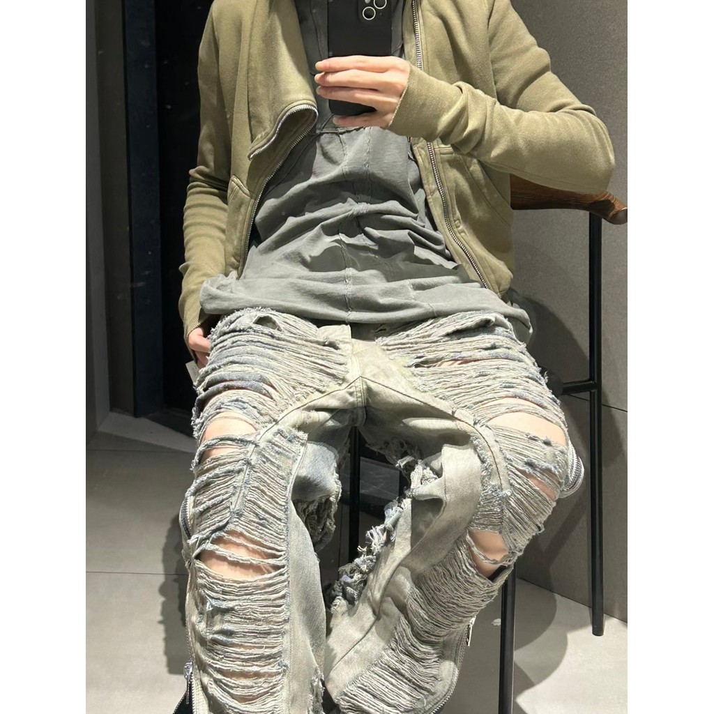 . 2023Ss Rick Denim Scratched Damaged Tassel Wash Multi Zipper Loose -