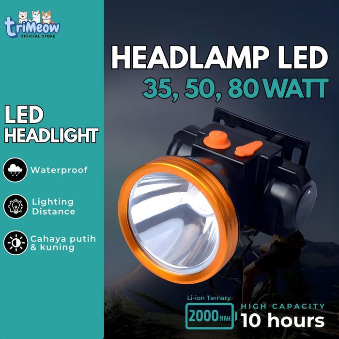 Senter Kepala LED 35W/50W/80W Headlamp Dual Cahaya Putih & Kuning Rechargeable Sorot Jauh Super