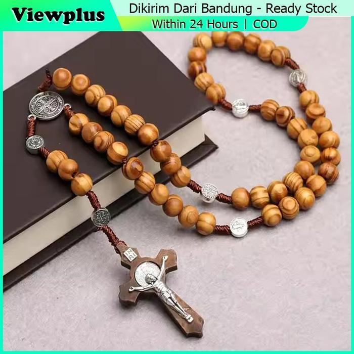 Kalung Salib Katolik Rosario Katolik Manik Manik Kayu Liontin Salib Kalung Pria Wanita / Kalung