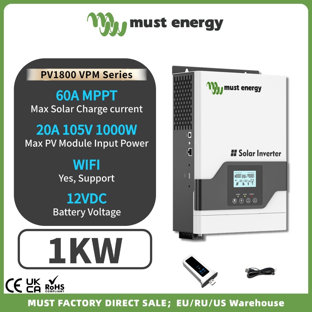 . Must 12V 1Kw 1000W Hybrid Solar Inverter Off Grid Inverter Lifepo4 Charger High Frequency Build In