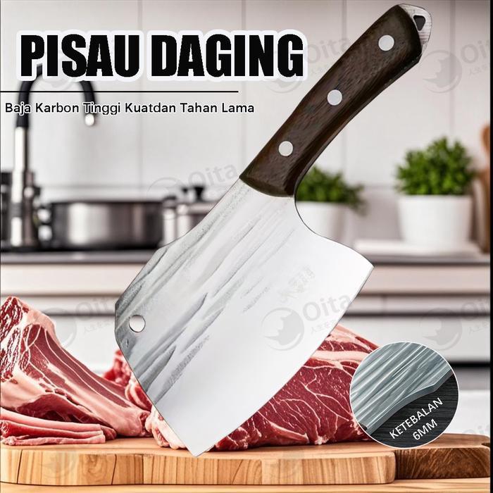 KAPAK TULANG 6MM - PISAU KOKI KOKOH DAN TAJAM DENGAN GAGANG KAYU BAJA 5CR13MOV FOOD GRADE AMAN UNTUK