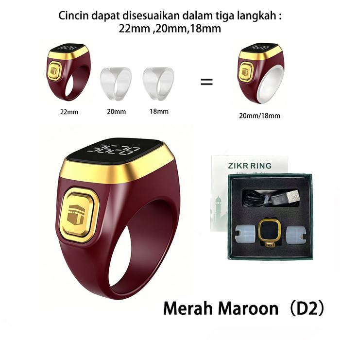 Cincin Tasbih Digital Penghitung Dzikir Layar OLED Getar Otomatis - Merah Maroon