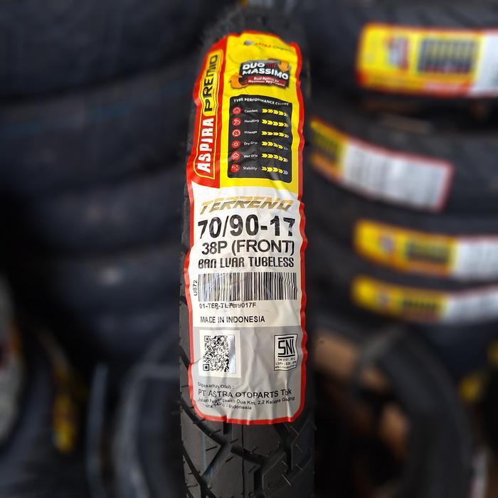 Ban Depan Aspira Premio Terreno 70/90-17 ring 17 Tubeless untuk SupraX, Revo, Blade, Satria FU