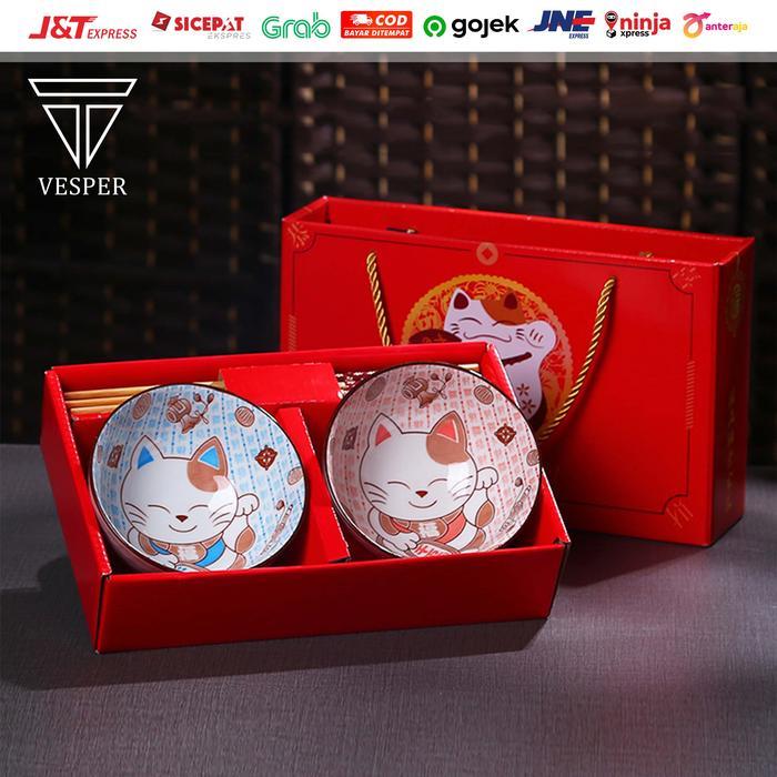 hampers gift box mangkok keramik kucing / japanese lucky cat bowl set