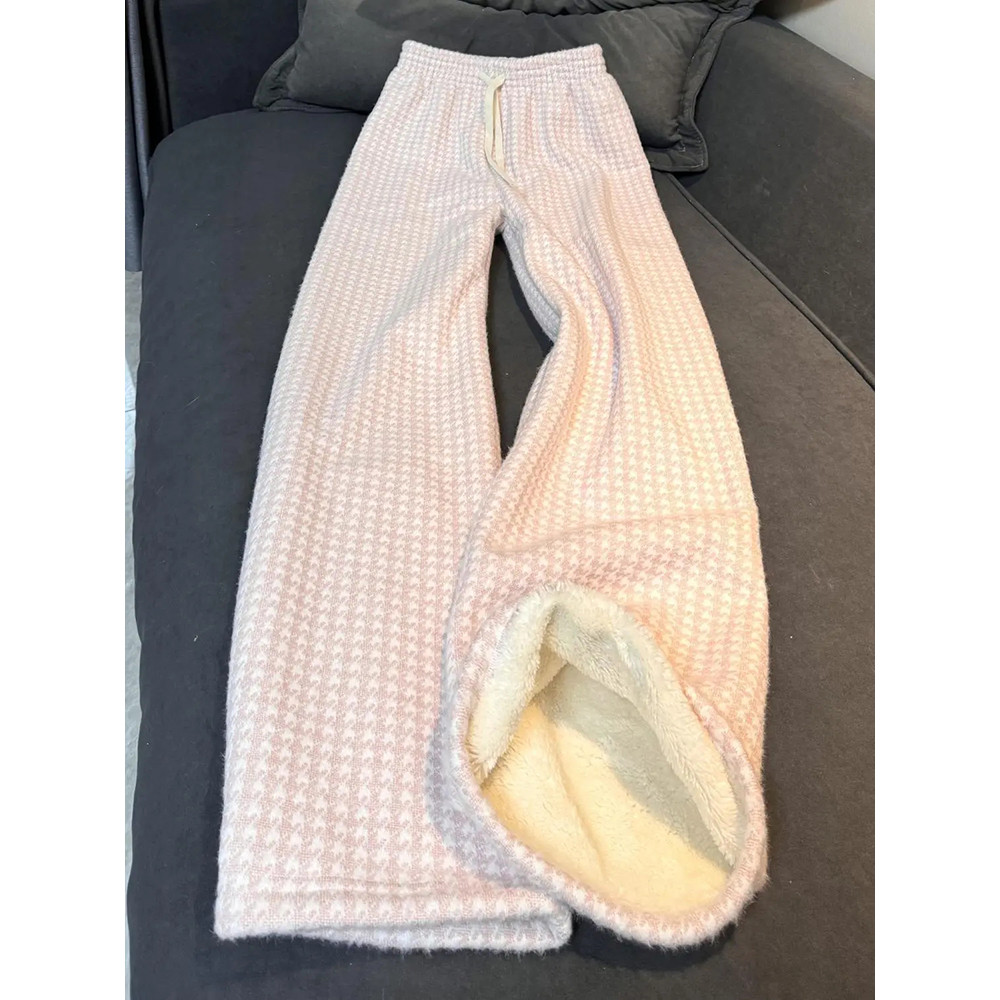 Women Pink Plaid Pants Winter Plush Sweet Preppy Loose Casual Fashion Trouser Simple Korean High