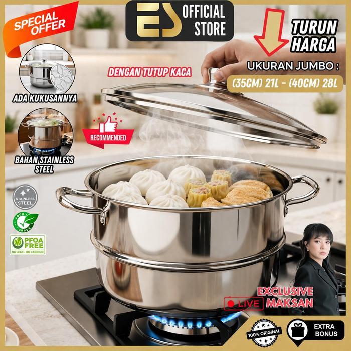 ` [ES x Mak San] Premium Panci Kukusan Langseng Kukus Stainless Steel Kapasitas Besar 21L-28L Dengan