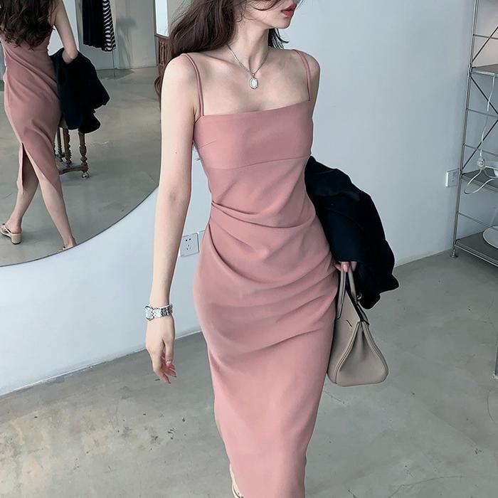 [Voucher] 7811 pink dress korean style balloon girl party dress big size s halter backless long