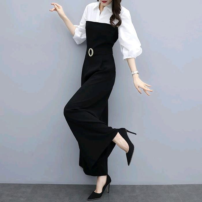DresQuu- Jumpsuit Casual Panjang Warna Hitam Putih Polos Elegan Victorian Style Korea Wanita M239