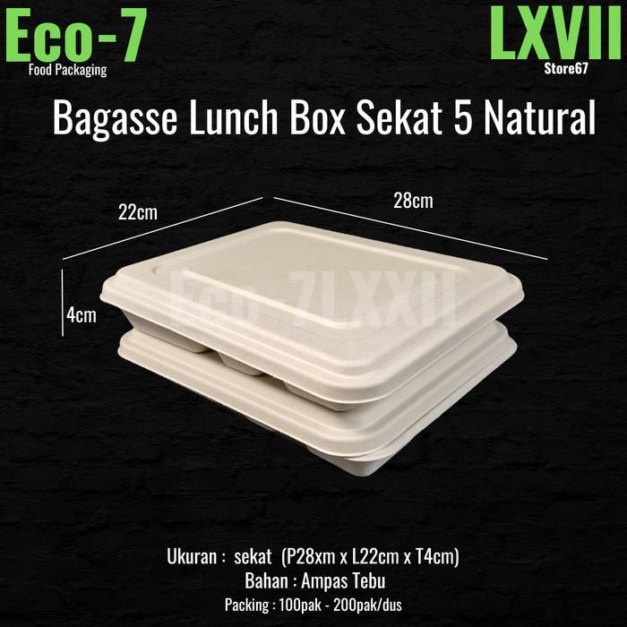 Bagasse Bento Box Sekat 5 Natural Kotak Bento, Bagasse Lunch Box 100pcs