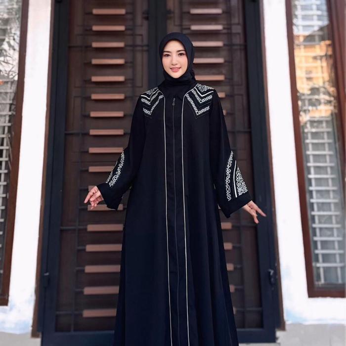 Abaya Mesir Black Jetbalck Premium Embroidery Aplikasi Bordir Dan Swaroski Long Zipper Aktif Abaya