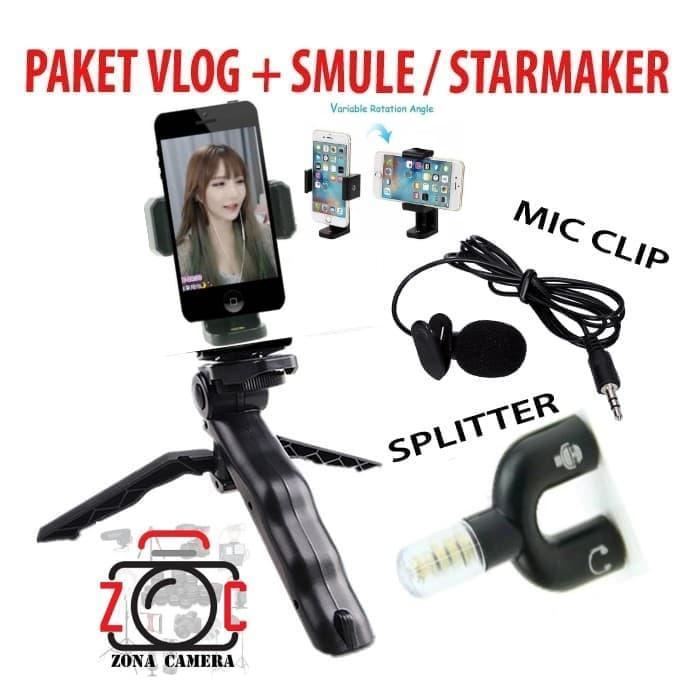 Paket Vlog Hp Kamera Smartphone Smule Splitter Mic Holder Tripod Mini Aksesoris Kamera