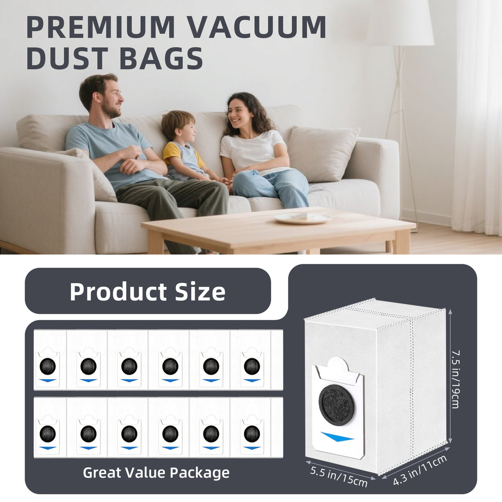 12 Pack Dust Bags Only Compatible With ECOVACS DEEBOT X2 COMBO / T30S COMBO / T30S COMBO COMPLETE