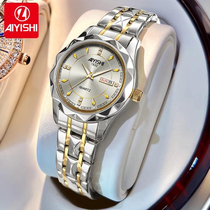 Jam Tangan Wanita Aiyishi Automatic Quartz Alloy, Tahan Air 30M, Bercahaya, Tampilan Kalender Ganda,