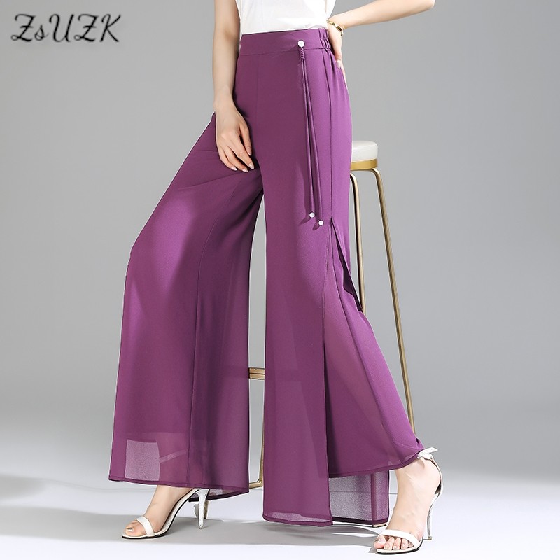 ZUZK Double Layer Chiffon Pants Fashion Slit Chiffon Pants Spring Summer Comfortable Elastic Waist