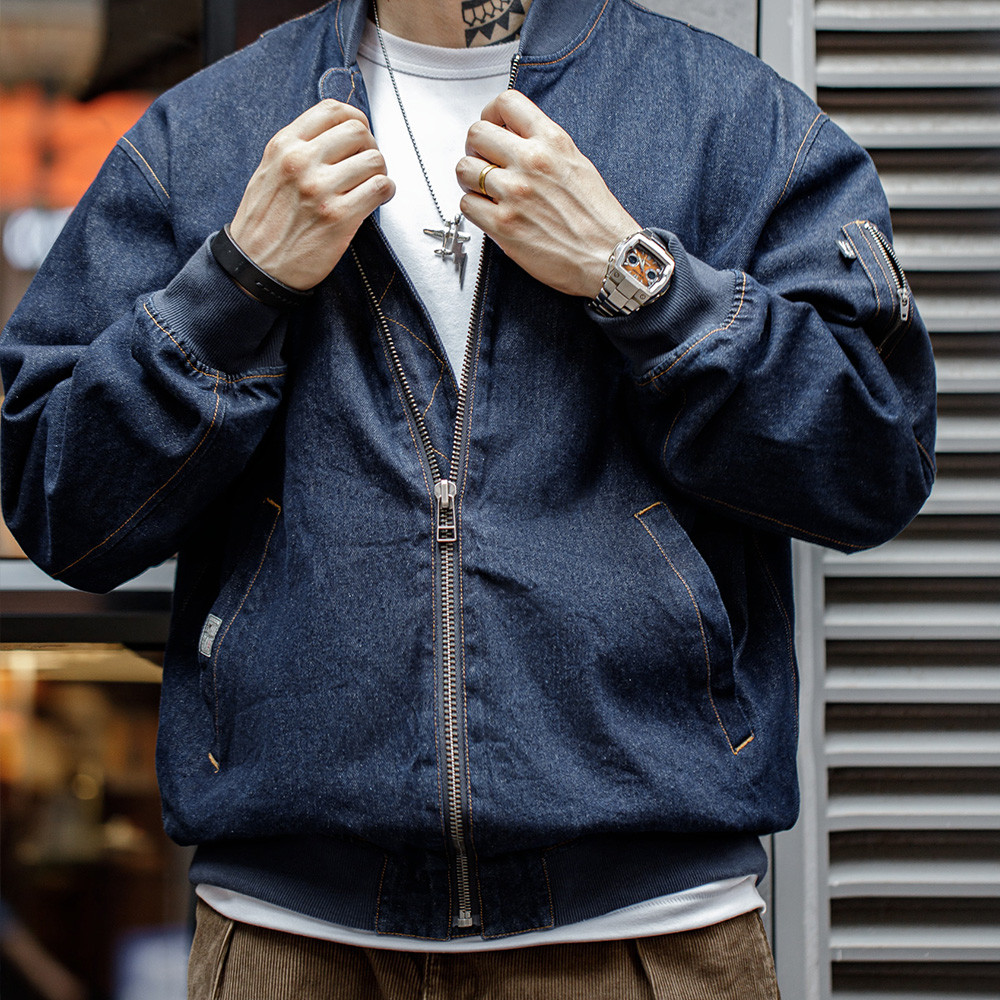 . Maden Vintage Denim Ma-1 Flight Jacket 8.9Oz Baseball Collar Bomber -