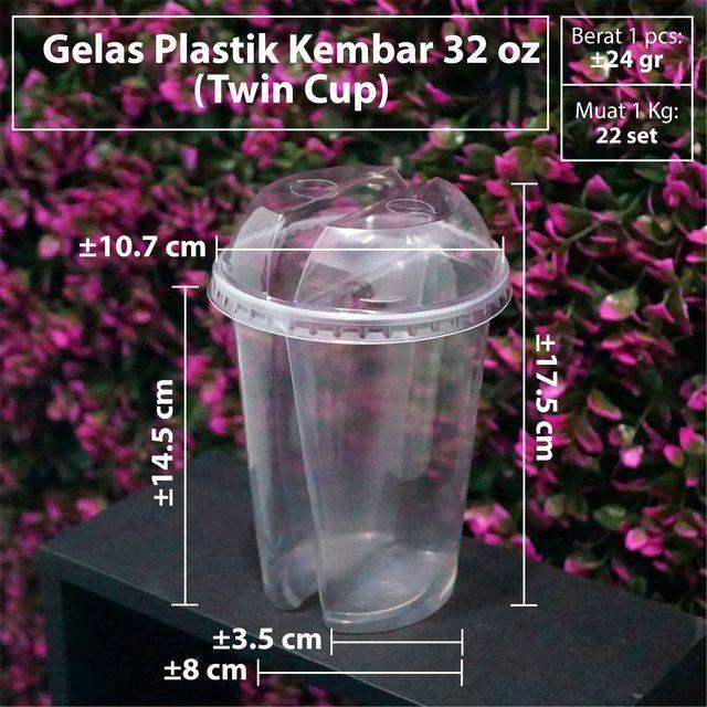 GELAS PLASTIK KEMBAR 32 OZ + TUTUP (LID) - GELAS PLASTIK TWIN CUP