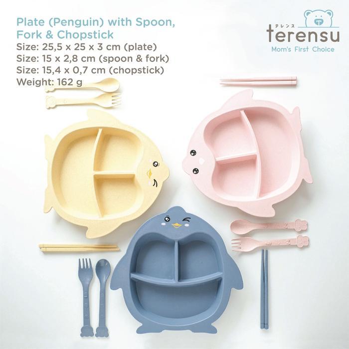 terensu Set Piring Makan Anak + Sendok Garpu Sumpit Motif Pinguin