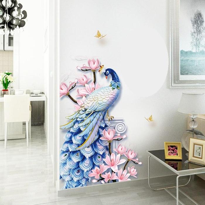 Stiker Dinding Burung Merak Biru Sakura Imlek 9374 Hiasan Sticker