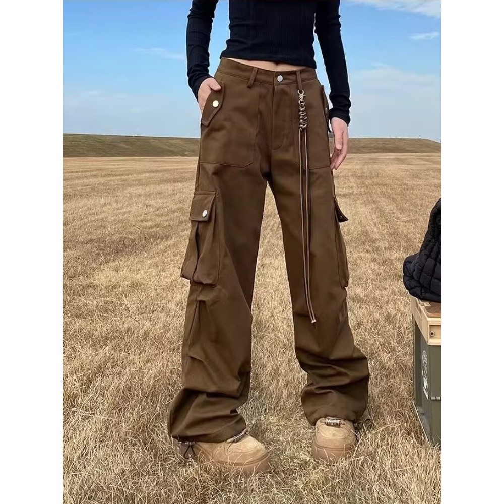 2024 Ropa Y2K Streetwear Multi Pockets Brown Baggy Cargo Jeans Pants For Women Clothes Straight