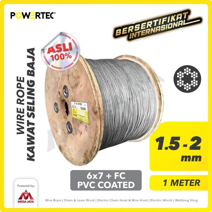 POWERTEC Wire Rope / Kawat Seling Baja 6x7 FC PVC 1.5mm - 2mm - 1 Mtr