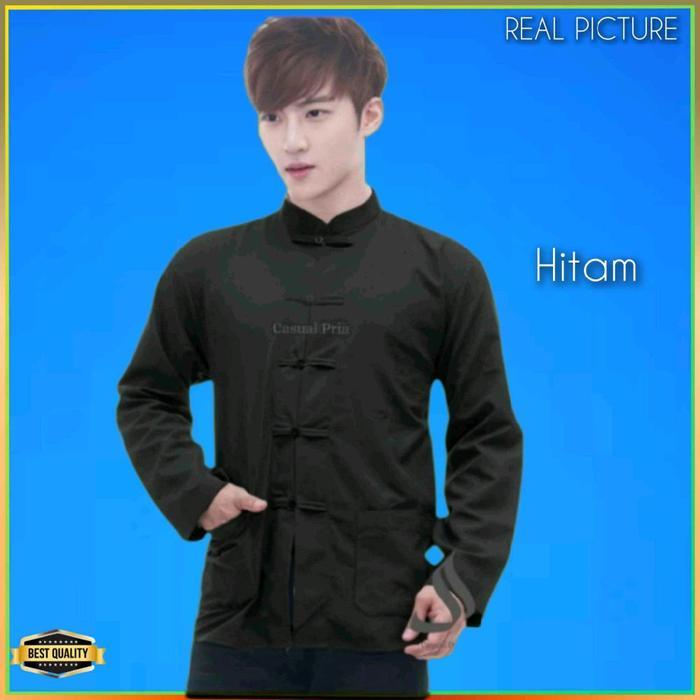 Baju Tradisional Cina Kemeja Imlek Pria Cheongsam Hitam