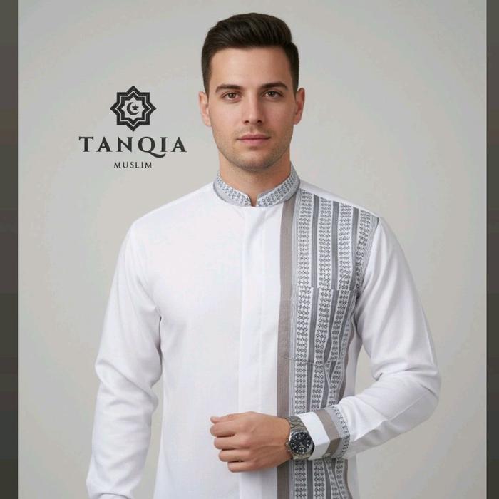 Baju Koko Putih Dewasa Katun India Motif Salur Muslim